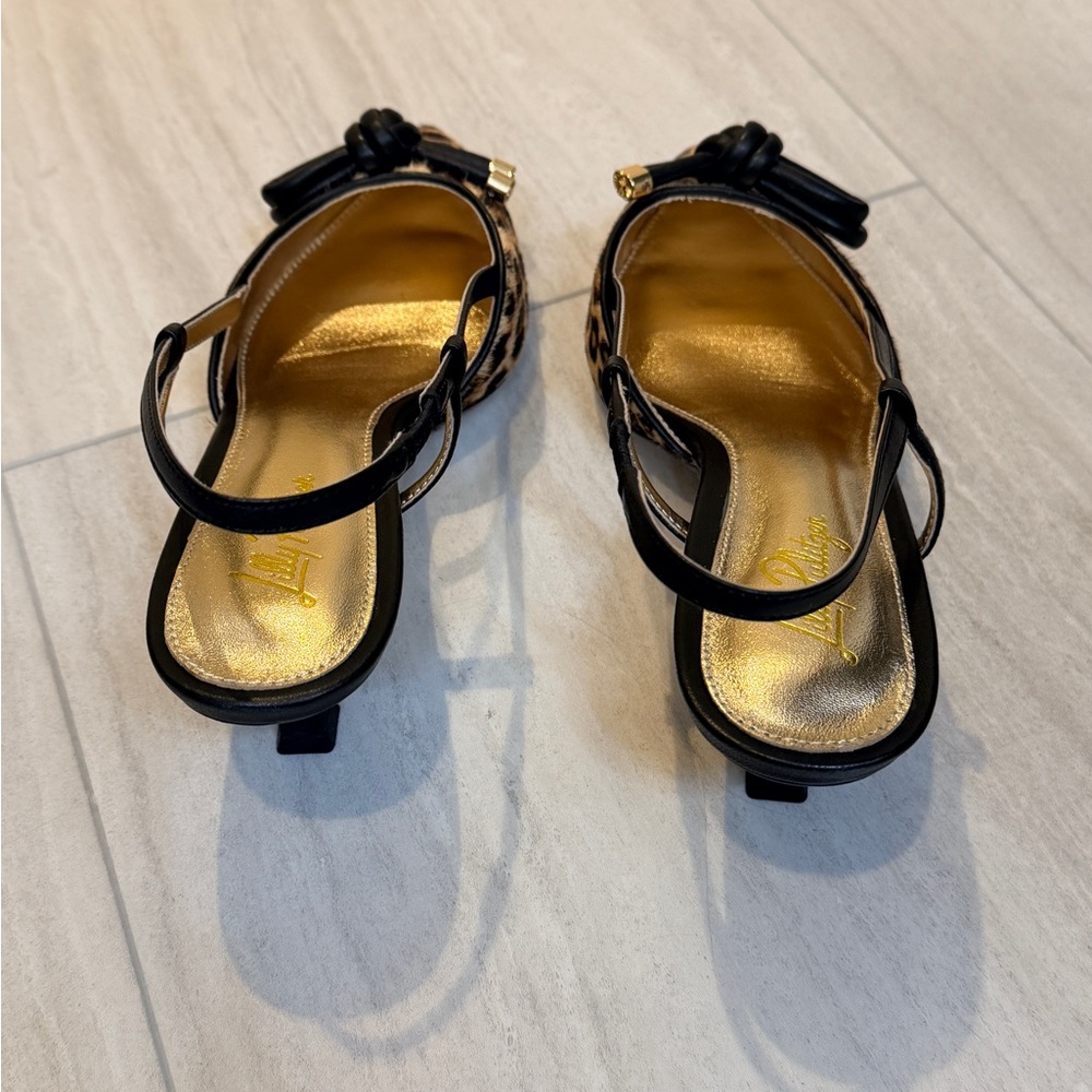 New with Box Lilly Pulitzer Leopard Print Kitten Heels with Gold Accents - Picture 3 of 7